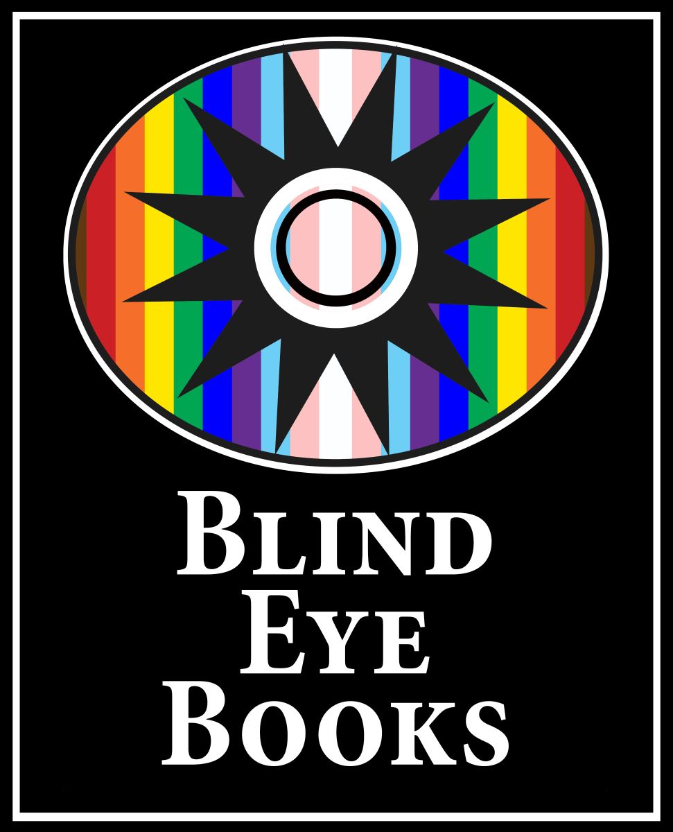 Logo of Blind Eye Books, a stylized eye with a starburst in the center, The background is the updated LGBTQ+ Pride flag