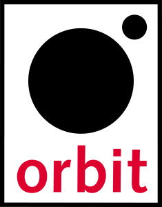 The logo of Orbit Books, a large and small black circle resembling a planet and a moon